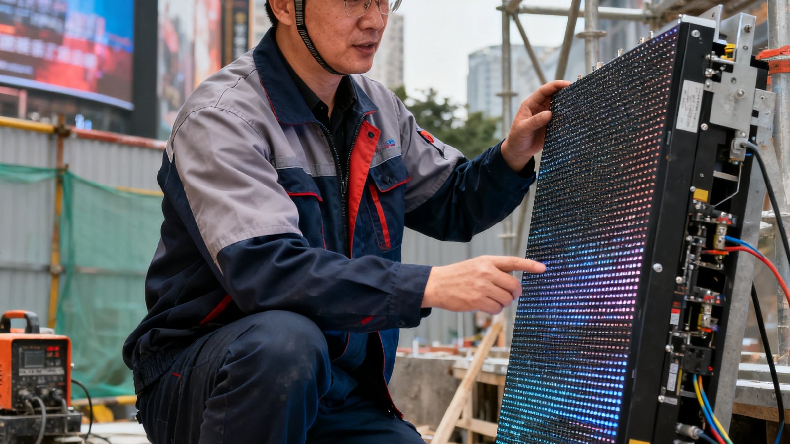 DB视讯创始人陈志远在成都春熙路项目现场指导安装，身穿工装头戴安全帽，专注查看屏体模组